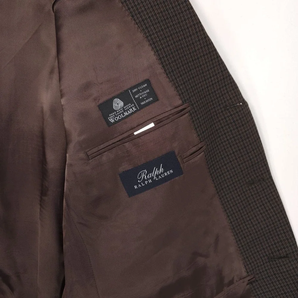 RALPH LAUREN Sport Coat Blazer 44 PURE NEW WOOL WOOLMARK Brown Plaid Elbow Patch